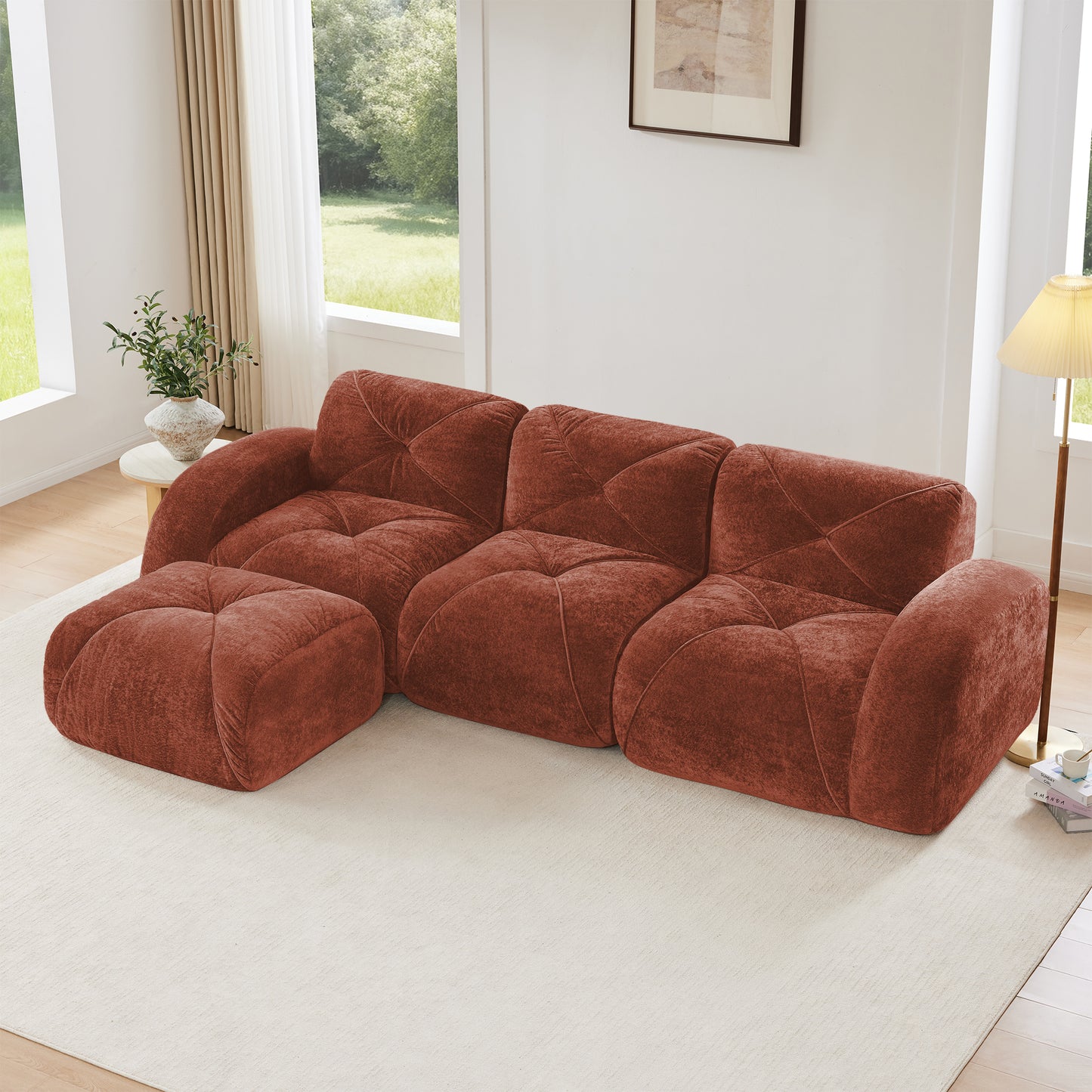 L-shaped Soft Velvet Fabric,Boneless Sofa,Tufted Design,Ergonomic Design Bottom,32D High Density Sponge,No Assembly Required Bottom,Anti-Slip Design,Movable Ottoman For Living Room,Red Brown