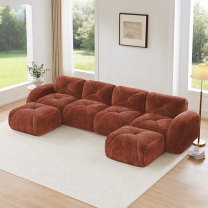 U-Shaped Boneless Sofa,Tufted Design,32D High Density Sponge  Bottom,Anti-Slip Design,No Assembly Required,Free Combination,Movable Ottomans For Living Rooms,Home Theater,Red Brown