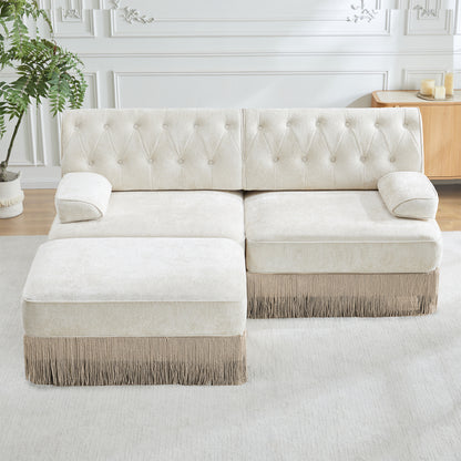L-Shaped Breathable Comfort Velvet Fabric,Tassel Skirt Chesterfield Style Sofa,Free Combination,Slightly Curved Square Armrests,Premium Wooden Base,Easy to Assemble,For Living Room,Bedroom,Beige