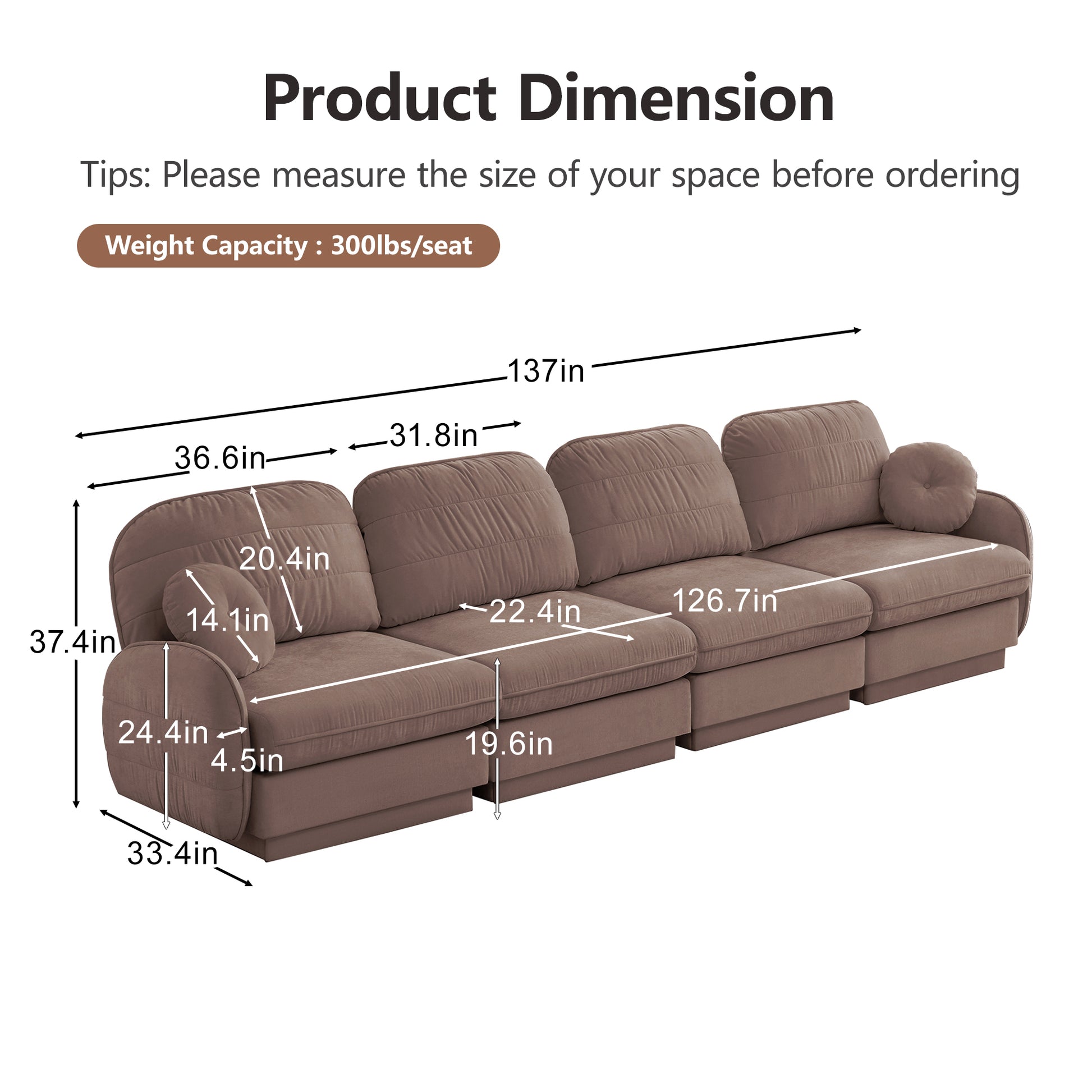 4-Seat Rose Dust Chenille Sofa - Luxurious Comfort for Living Room
