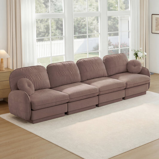 137"Chenille Cloud 4-Seater Sofa,Exquisite round pillows and quilted back cushions,Recessed Base Frame Legs,Ergonomic Design Bottom,Easy Assembly,Deep Seat Sofa Couch For Living Room,Rose Dust