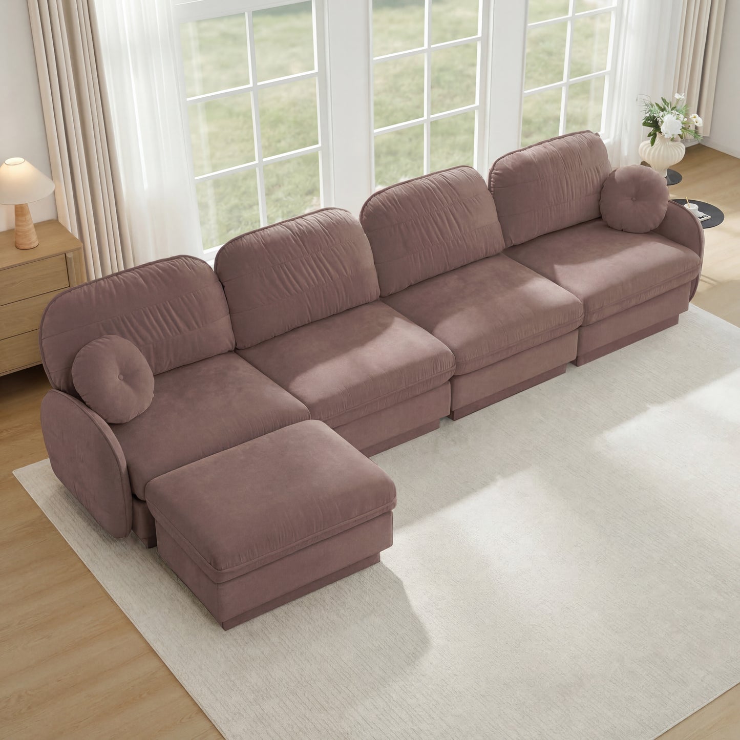 4 Seat Rose Dust Chenille Sofa with Ottoman for Living Room