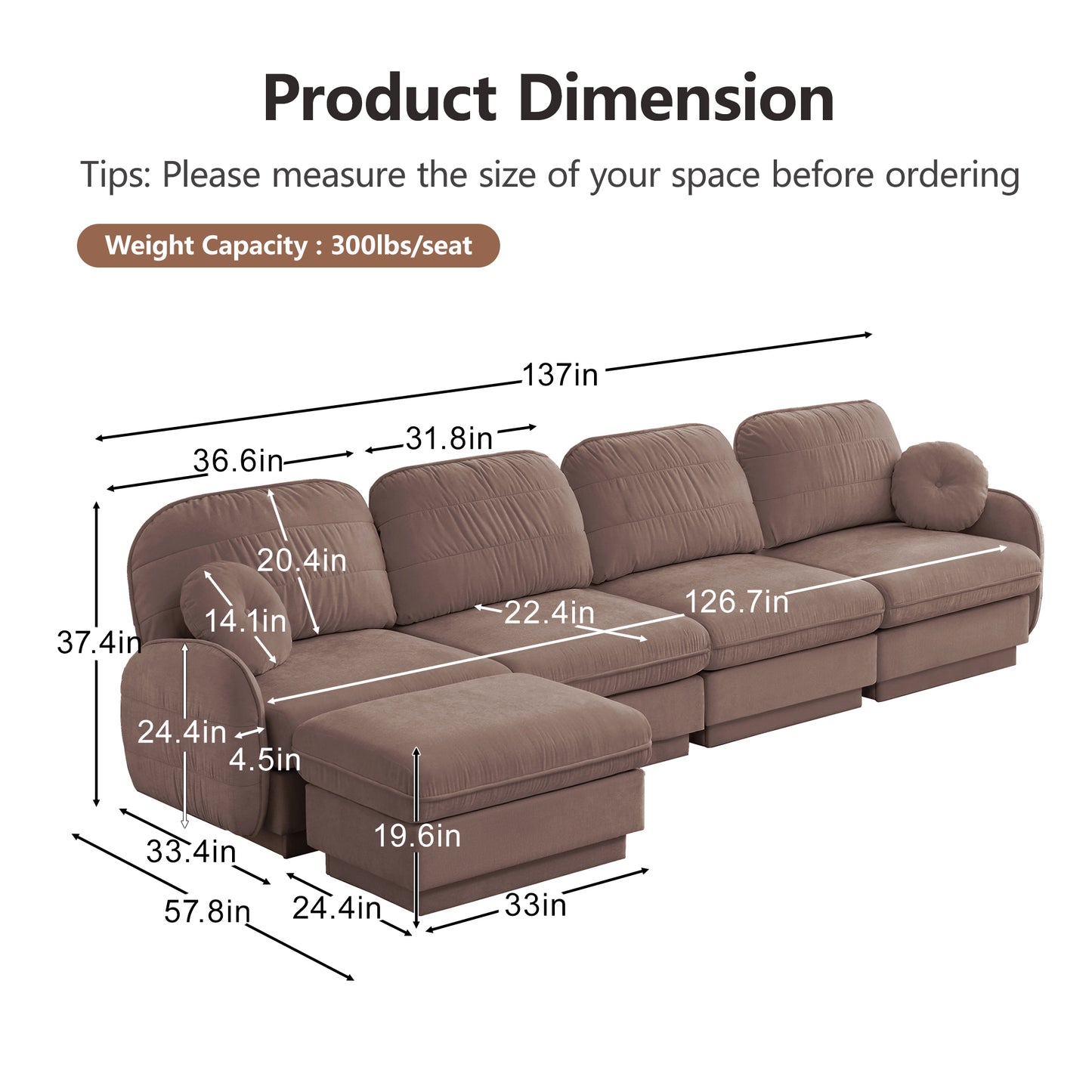 4 Seat Rose Dust Chenille Sofa with Ottoman for Living Room