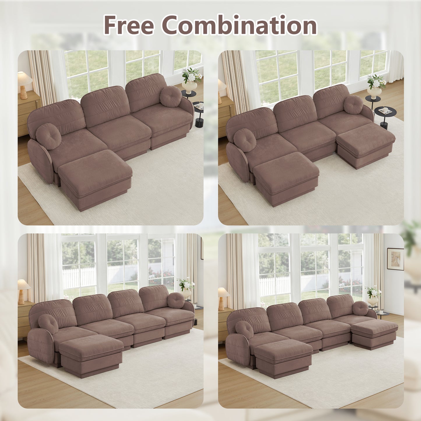 4 Seat Rose Dust Chenille Sofa with Ottoman for Living Room