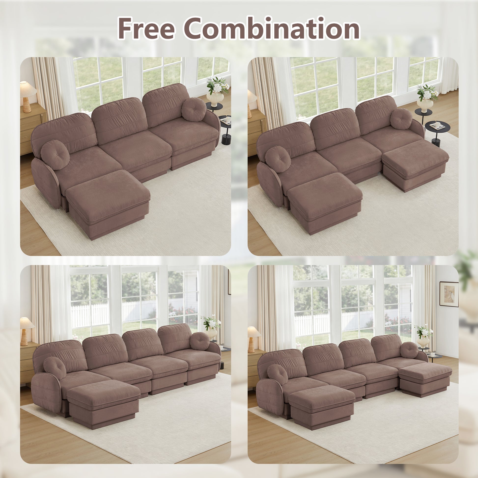 4 Seat Rose Dust Chenille Sofa with Ottoman for Living Room