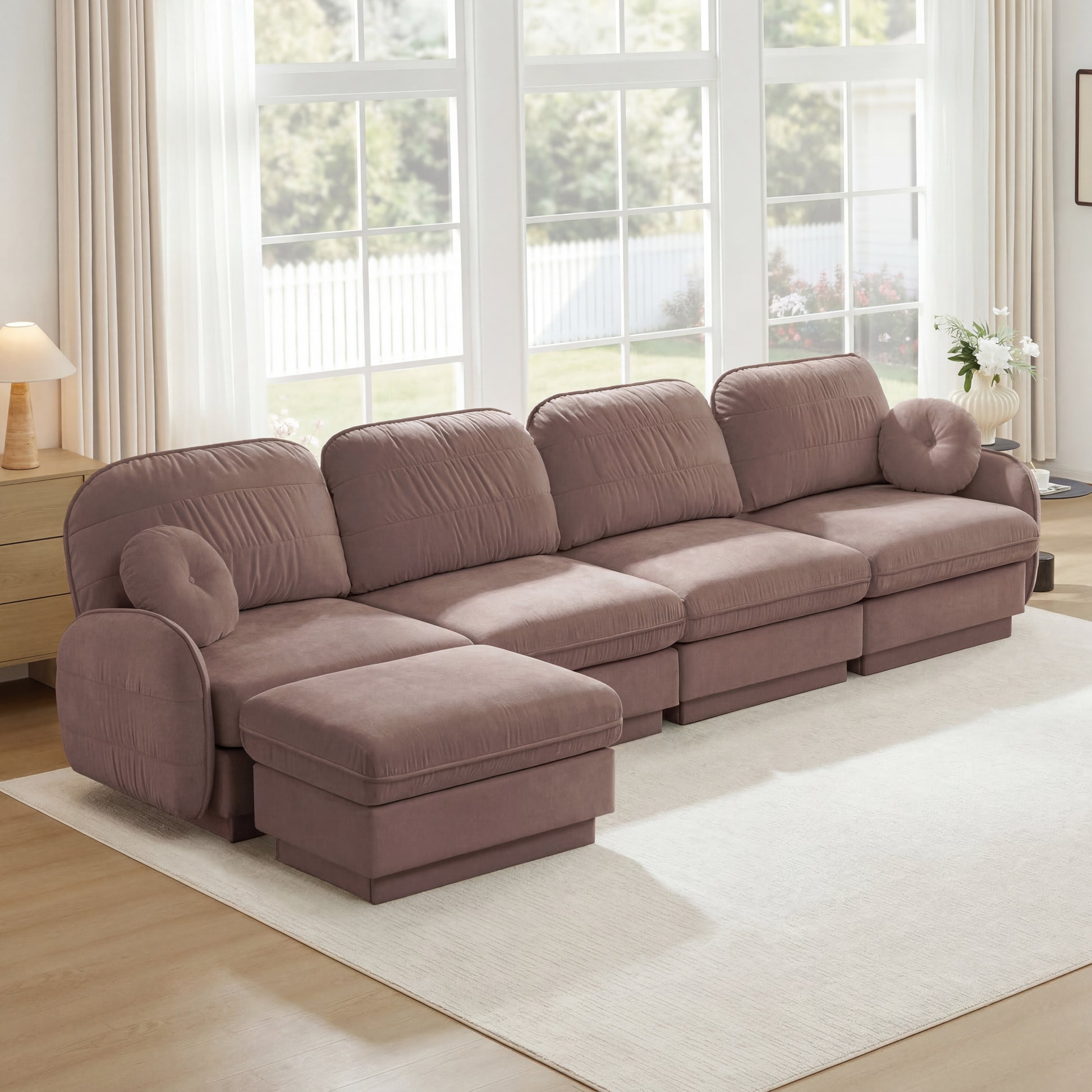 137" Oversize Chenille L-Shaped Sofa,Deep Seat Sofa Couch with Movable Ottoman,Exquisite round pillows and quilted back cushions,Recessed Base Frame Legs,Easy Assembly,Fits Living Room,Rose Dust