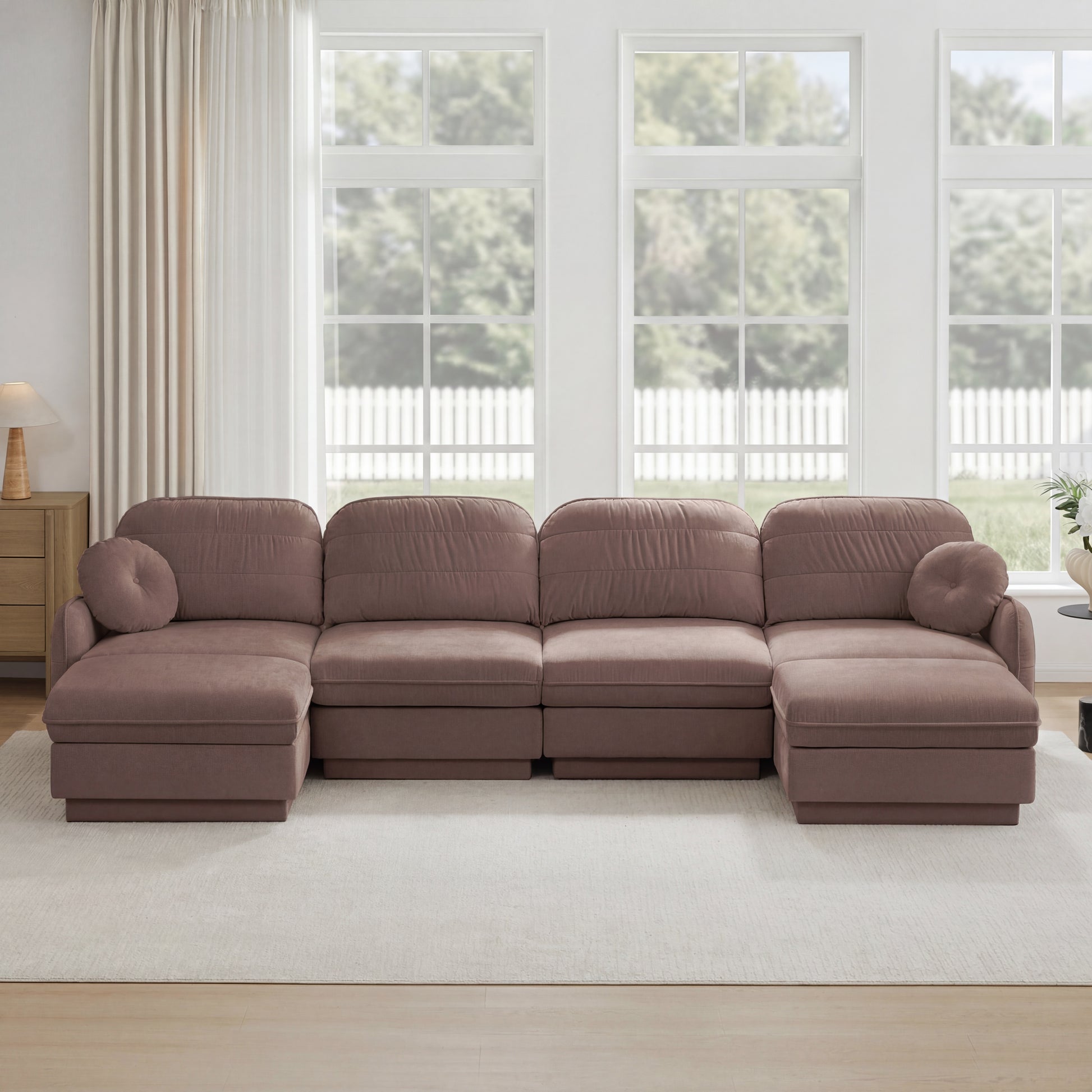 Rose Dust Chenille U-Shaped Sofa with Movable Ottoman for Living Room