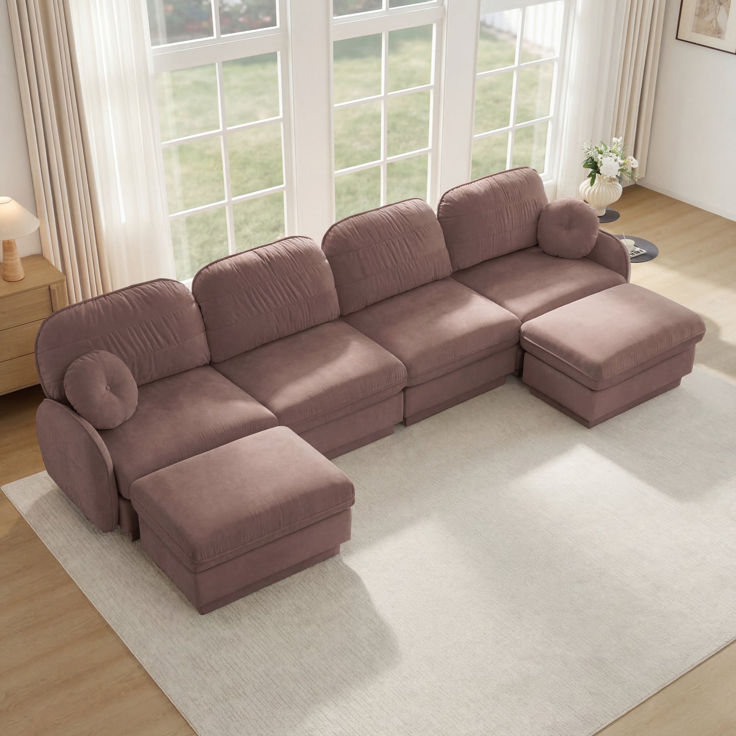 Rose Dust Chenille U-Shaped Sofa with Movable Ottoman for Living Room