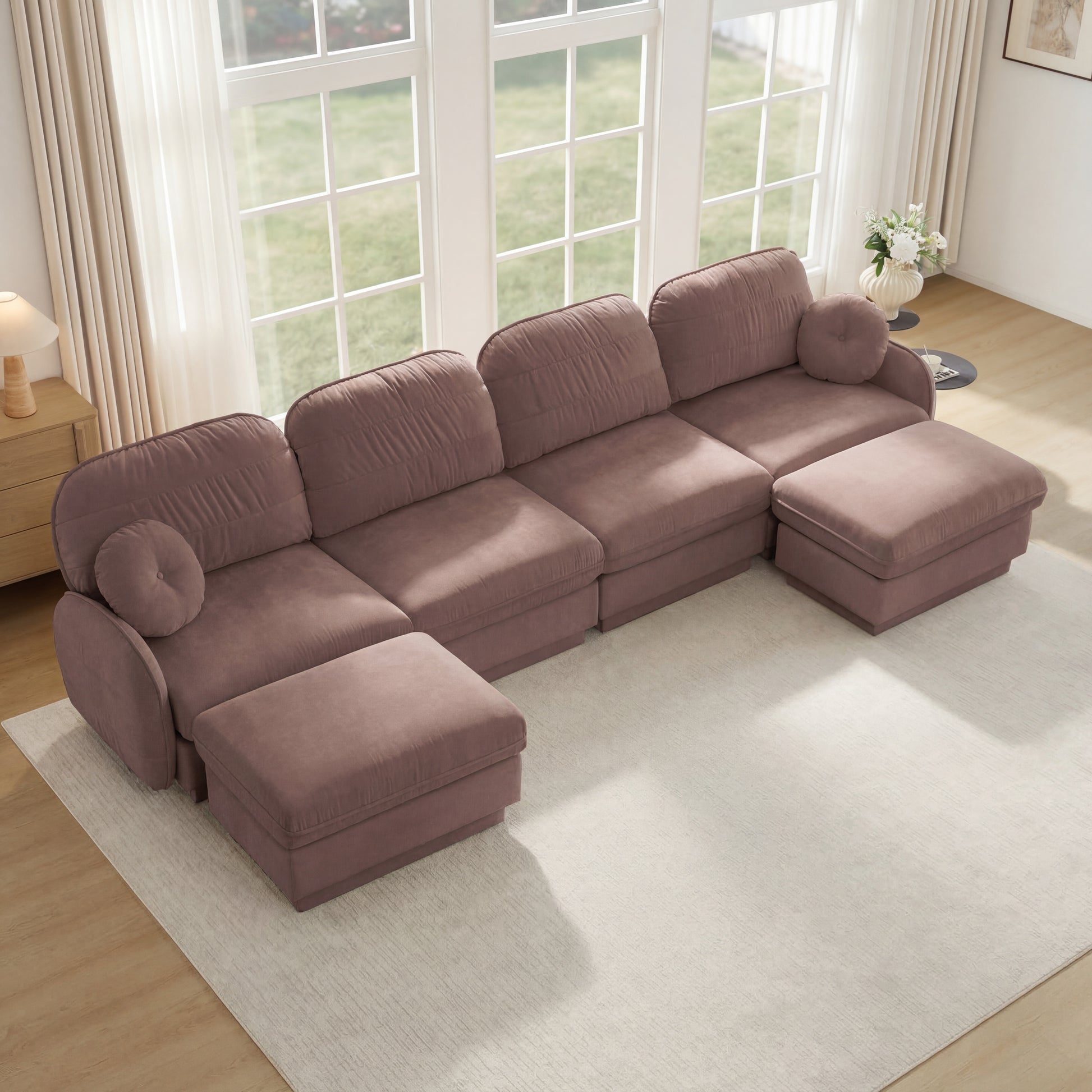 Rose Dust Chenille U-Shaped Sofa with Movable Ottoman for Living Room
