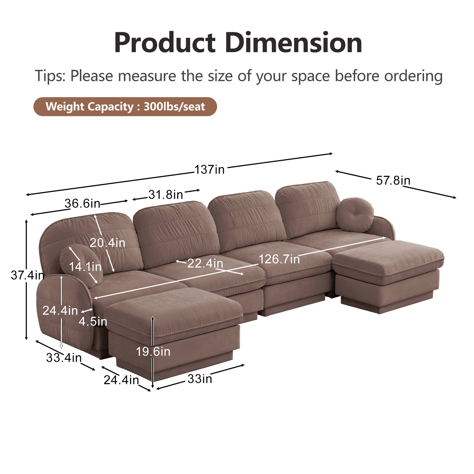 Rose Dust Chenille U-Shaped Sofa with Movable Ottoman for Living Room