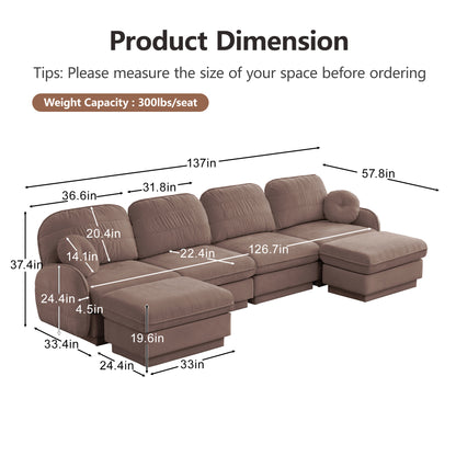 Rose Dust Chenille U-Shaped Sofa with Movable Ottoman for Living Room