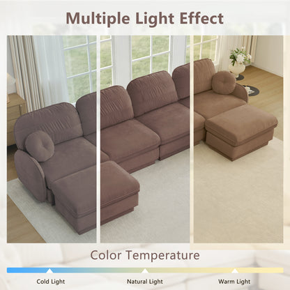 Rose Dust Chenille U-Shaped Sofa with Movable Ottoman for Living Room