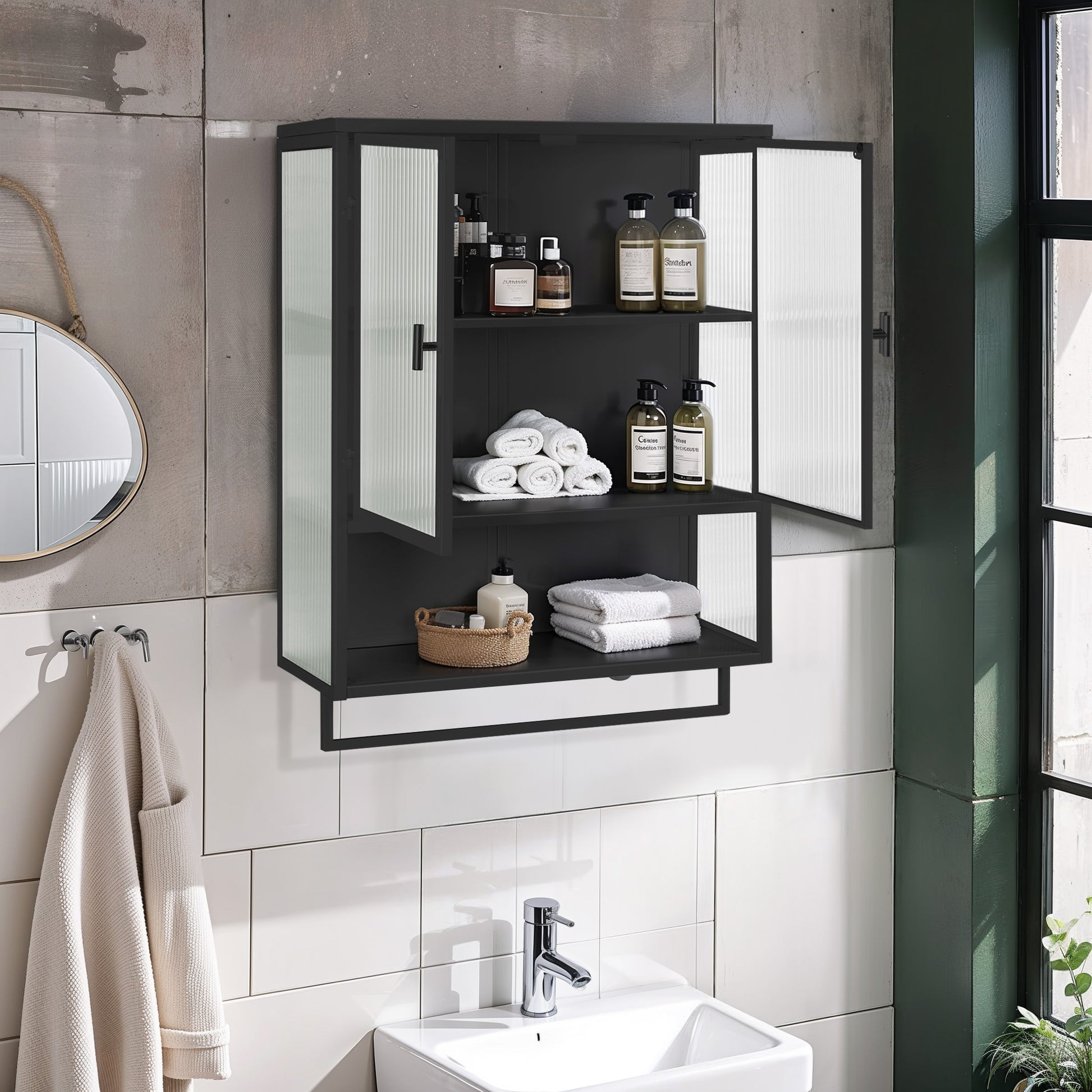 Black Glass & Metal Sideboard Cabinet - 23.6" Storage for Living Room