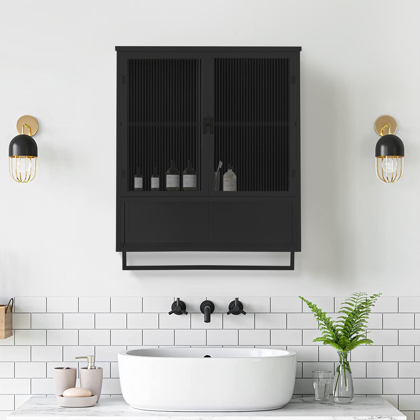 Black Glass & Metal Sideboard Cabinet - 23.6" Storage for Living Room