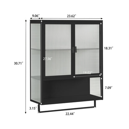 Black Glass & Metal Sideboard Cabinet - 23.6" Storage for Living Room