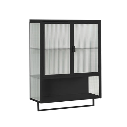Black Glass & Metal Sideboard Cabinet - 23.6" Storage for Living Room