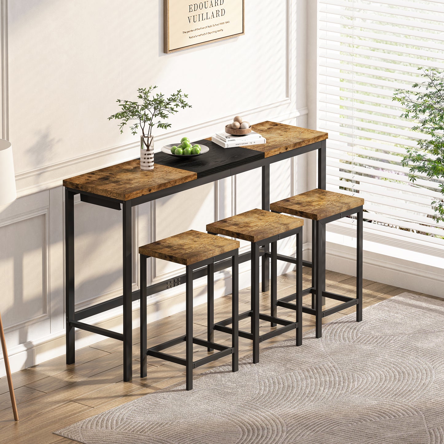 Natural Black Dining Table Set - 60" Table with 3 Stools