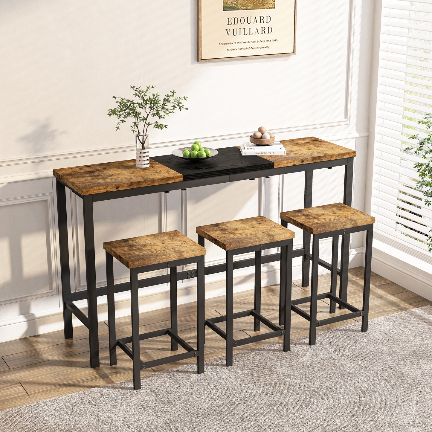 Natural Black Dining Table Set - 60" Table with 3 Stools