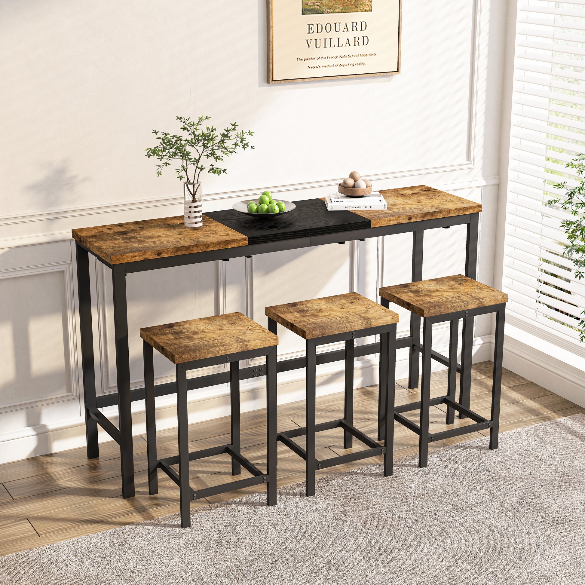Natural Black Dining Table Set - 60" Table with 3 Stools