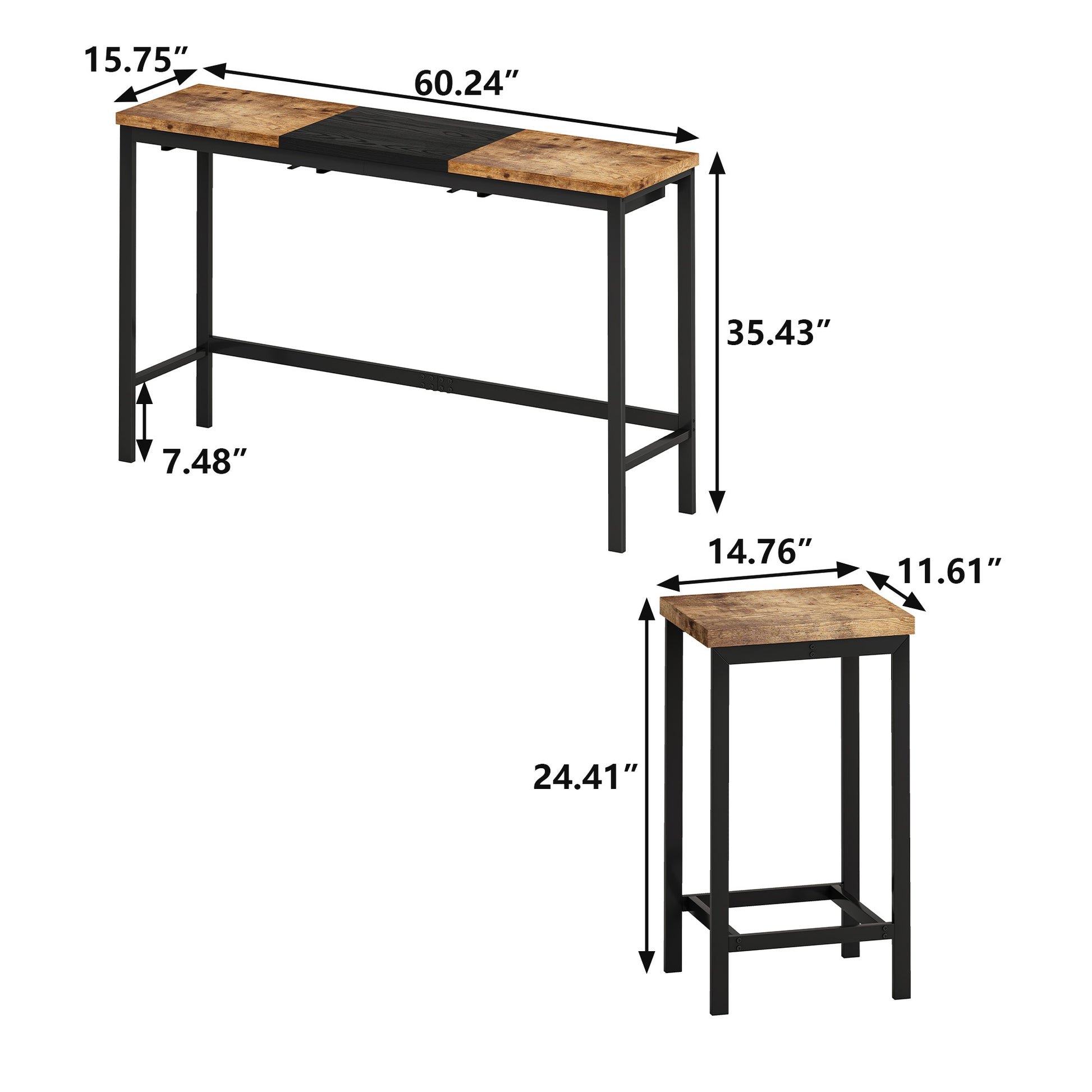 Natural Black Dining Table Set - 60" Table with 3 Stools