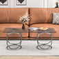 31.50'' Modern Rectangle Glass Coffee Table with Ring-Shaped Frames, Chrome Finish and Gray Tempered Glass, Luxury Center Table for Living Room, Bedroom and Office, Silver