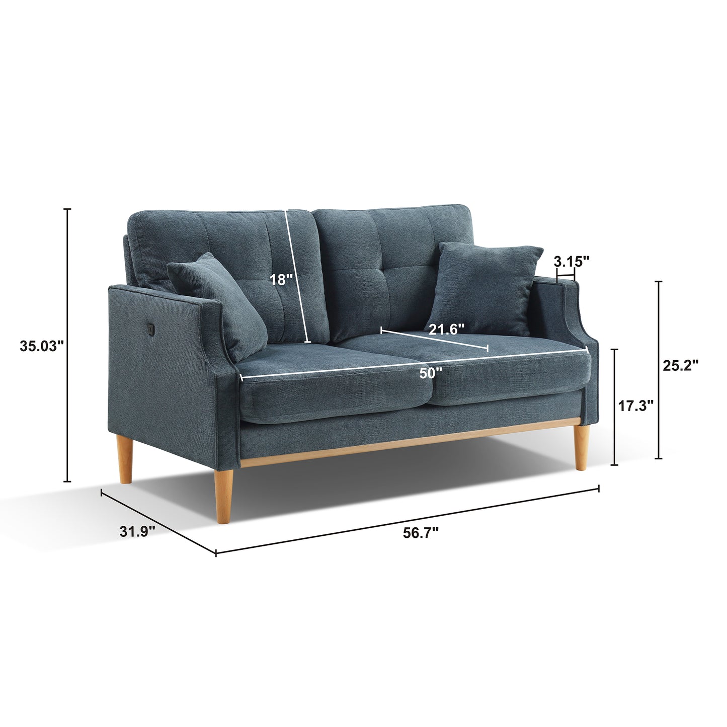 Dark Blue Fabric 2 Seat Loveseat Sofa for Living Room