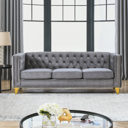 {Contact us for 3D modeling}  Velvet Sofa for Living Room,Buttons Tufted Square Arm Couch, Modern Couch Upholstered Button and Metal Legs, Sofa Couch for Bedroom, Grey Velvet(W834S00020)