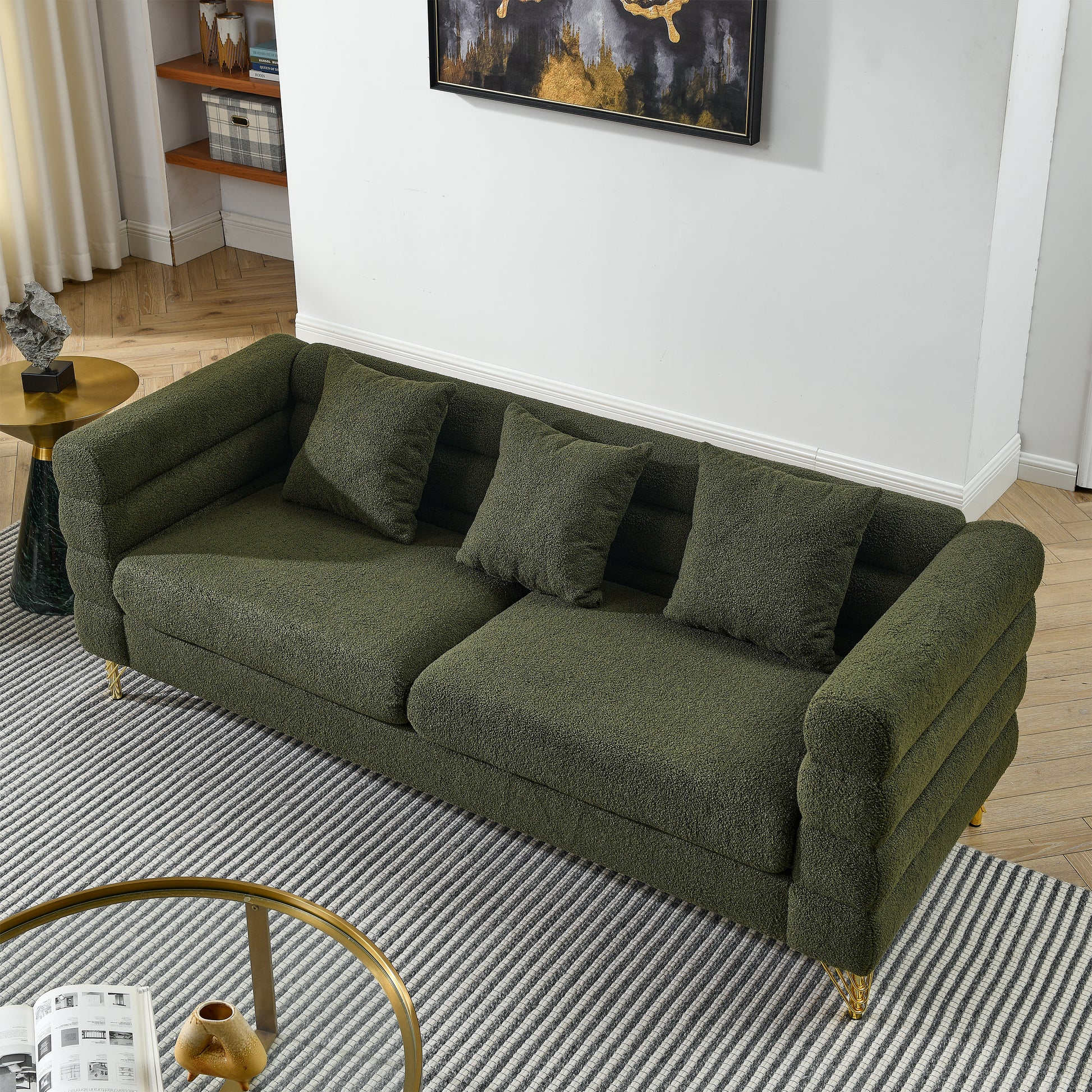 81 Inch Green Fabric 3 Seat Sofa - Modern American Design Living Room Seating