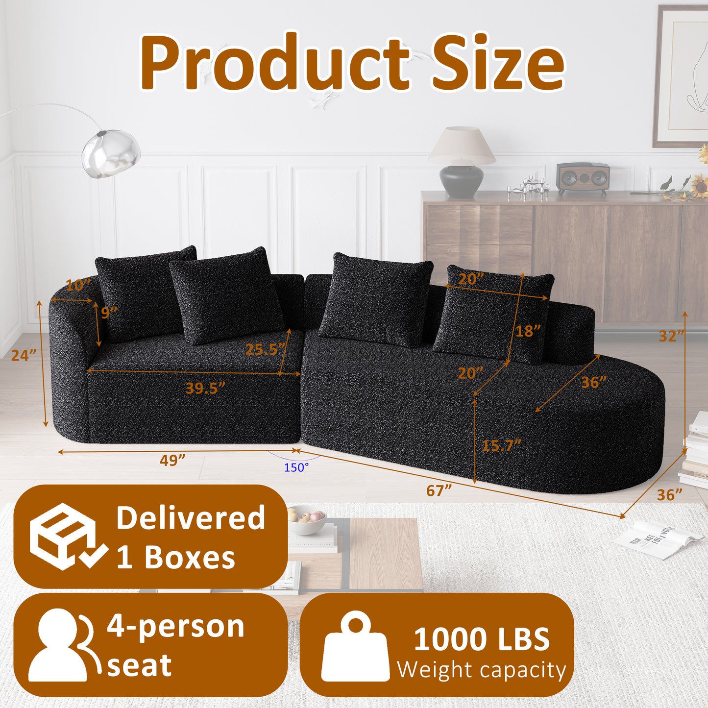 Black Chenille 4-Seat Sectional Sofa - Extra Deep & Wide