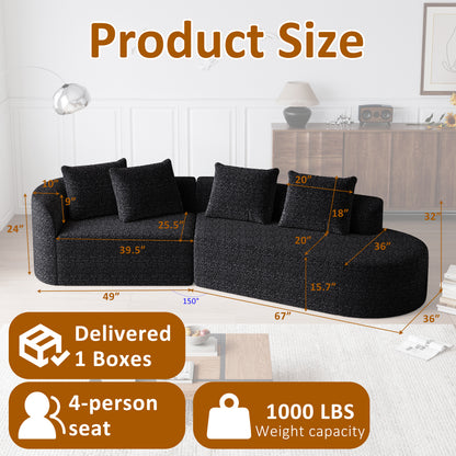 Black Chenille 4-Seat Sectional Sofa - Extra Deep & Wide