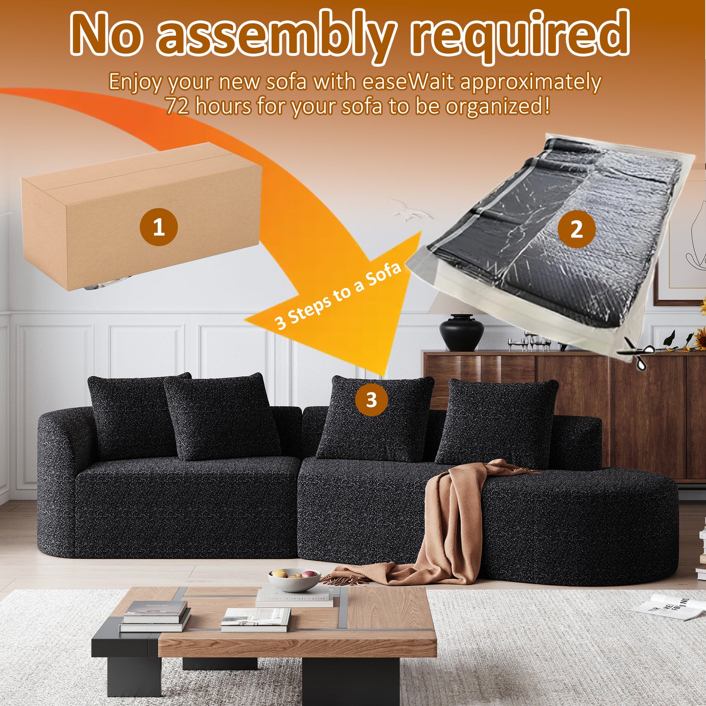 Black Chenille 4-Seat Sectional Sofa - Extra Deep & Wide