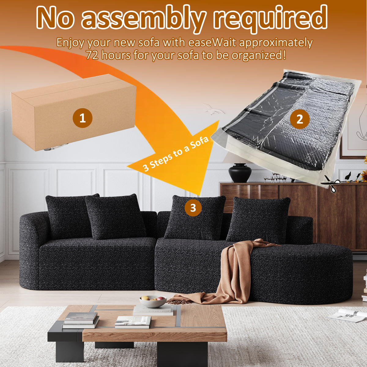 Black Chenille 4-Seat Sectional Sofa - Extra Deep & Wide