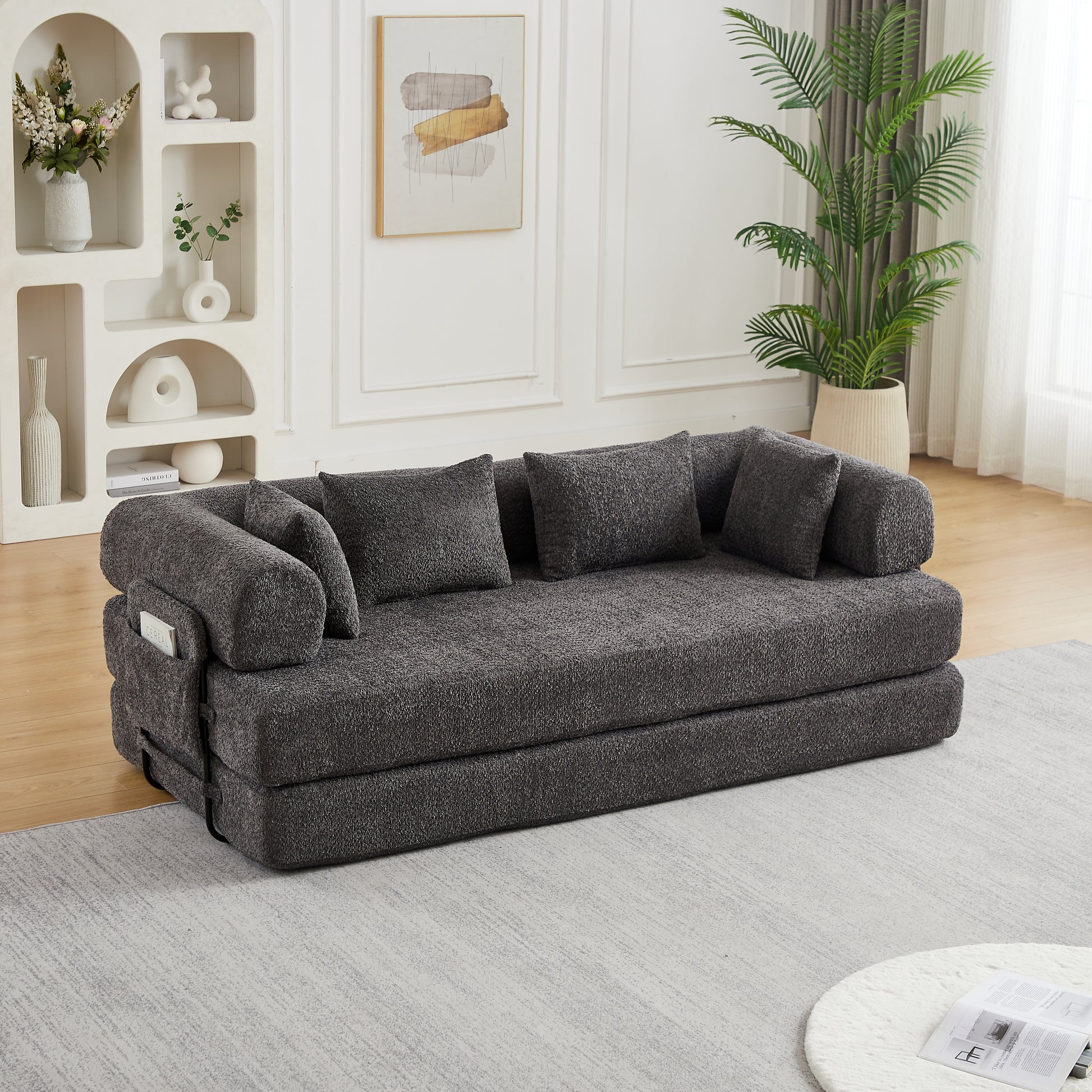 78.7-Inch Convertible Sleeper Sofa Bed with Cylindrical Pillow, Chenille Folding Mattress Couch with ,Folding Sofa Bed with Side Pocket, Floor Sofa Lounge Couch for Living Room Bedroom Lounge Studio
