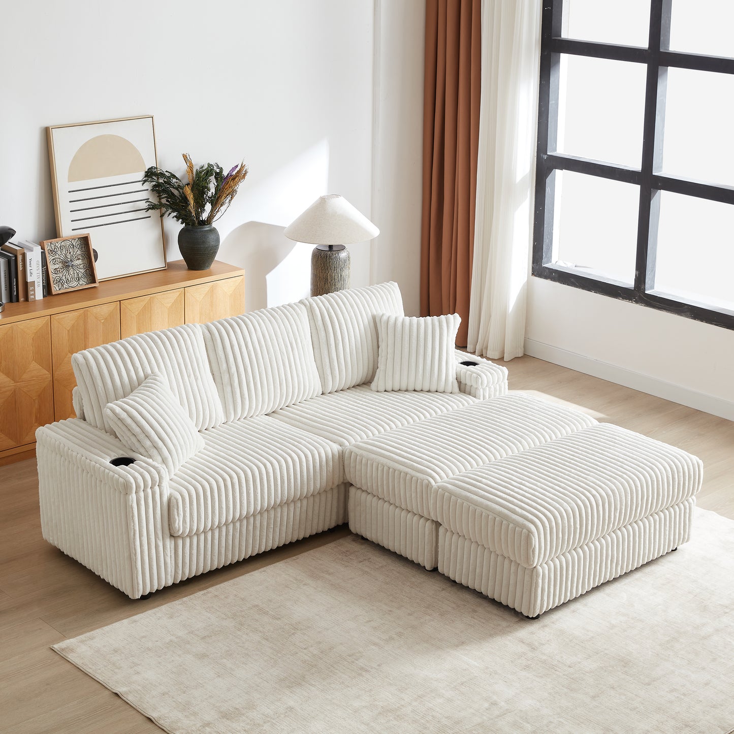 84Inch Corduroy 3-seater sofa With 3 back pillows ,2 toss pillows , 2 ottoman ,2 Footstool Storage and cup-holding grooves Comfy Sofa- Deep Seat Couch for Living Room