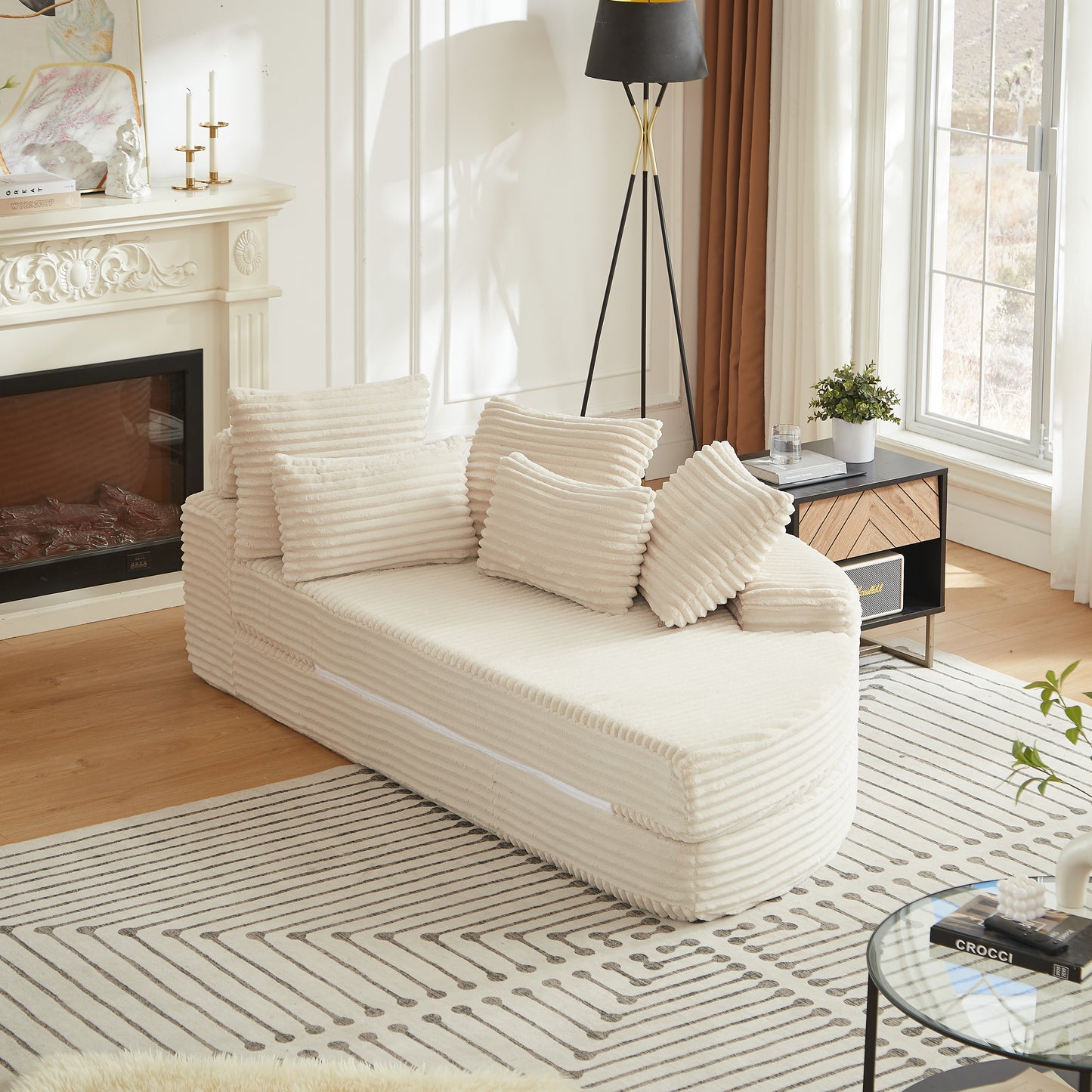 78.5-Inch Corduroy Semi-Circular 2-in-1 Sofa Bed, Designer Recliner with Neck Pillow and Five Throw Pillows in Living Room