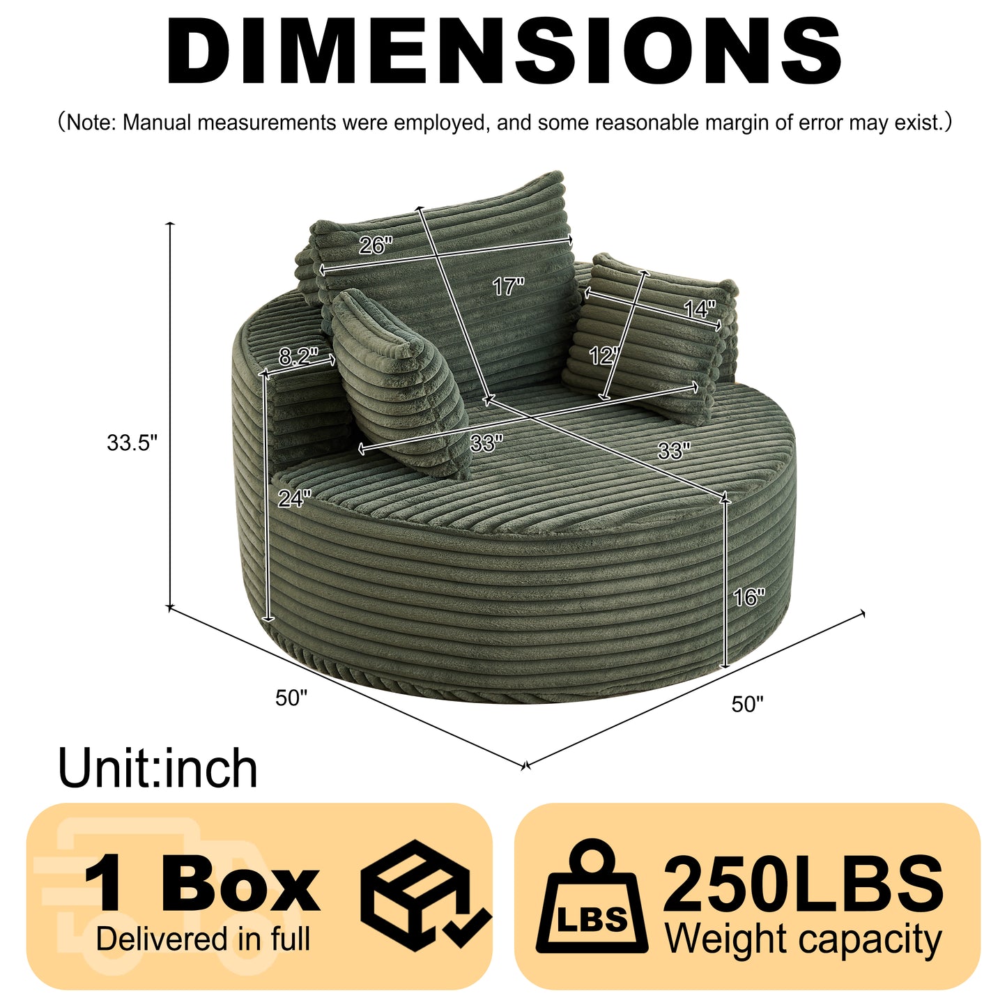 50"L Green Corduroy Single Sofa - No Assembly Required for Living Room