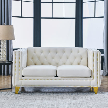 {Contact us for 3D modeling} Velvet Sofa for Living Room,Buttons Tufted Square Arm Couch, Modern Couch Upholstered Button and Metal Legs, Sofa Couch for Bedroom, Beige Velvet-2S(W834S00052)