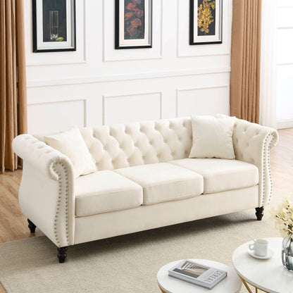 [Video] 80" Chesterfield Sofa Beige Velvet for Living Room, 3 Seater Sofa Tufted Couch with Rolled Arms and Nailhead for Living Room, Bedroom, Office, Apartment, two pillowsW834S00008