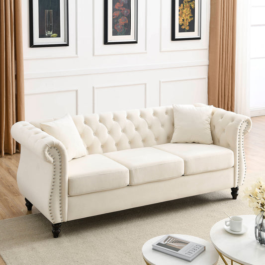 [Video] 80" Chesterfield Sofa Beige Velvet for Living Room, 3 Seater Sofa Tufted Couch with Rolled Arms and Nailhead for Living Room, Bedroom, Office, Apartment, two pillowsW834S00008