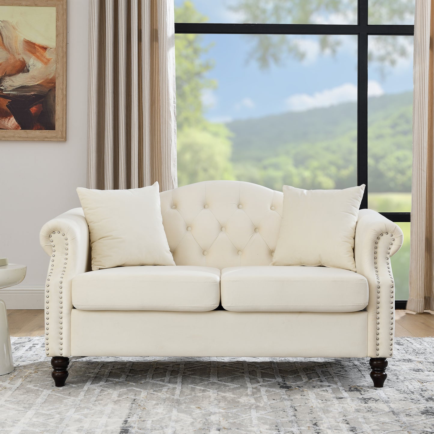 Beige Velvet 2-Seat Chesterfield Sofa - Living Room Couch