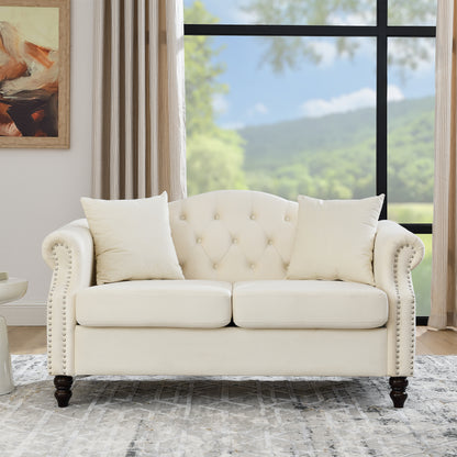Beige Velvet 2-Seat Chesterfield Sofa - Living Room Couch