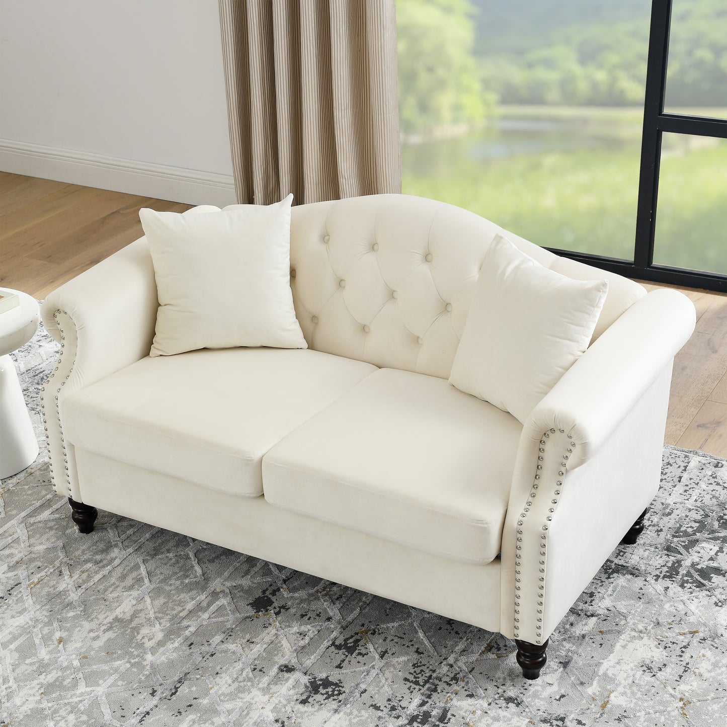 Beige Velvet 2-Seat Chesterfield Sofa - Living Room Couch