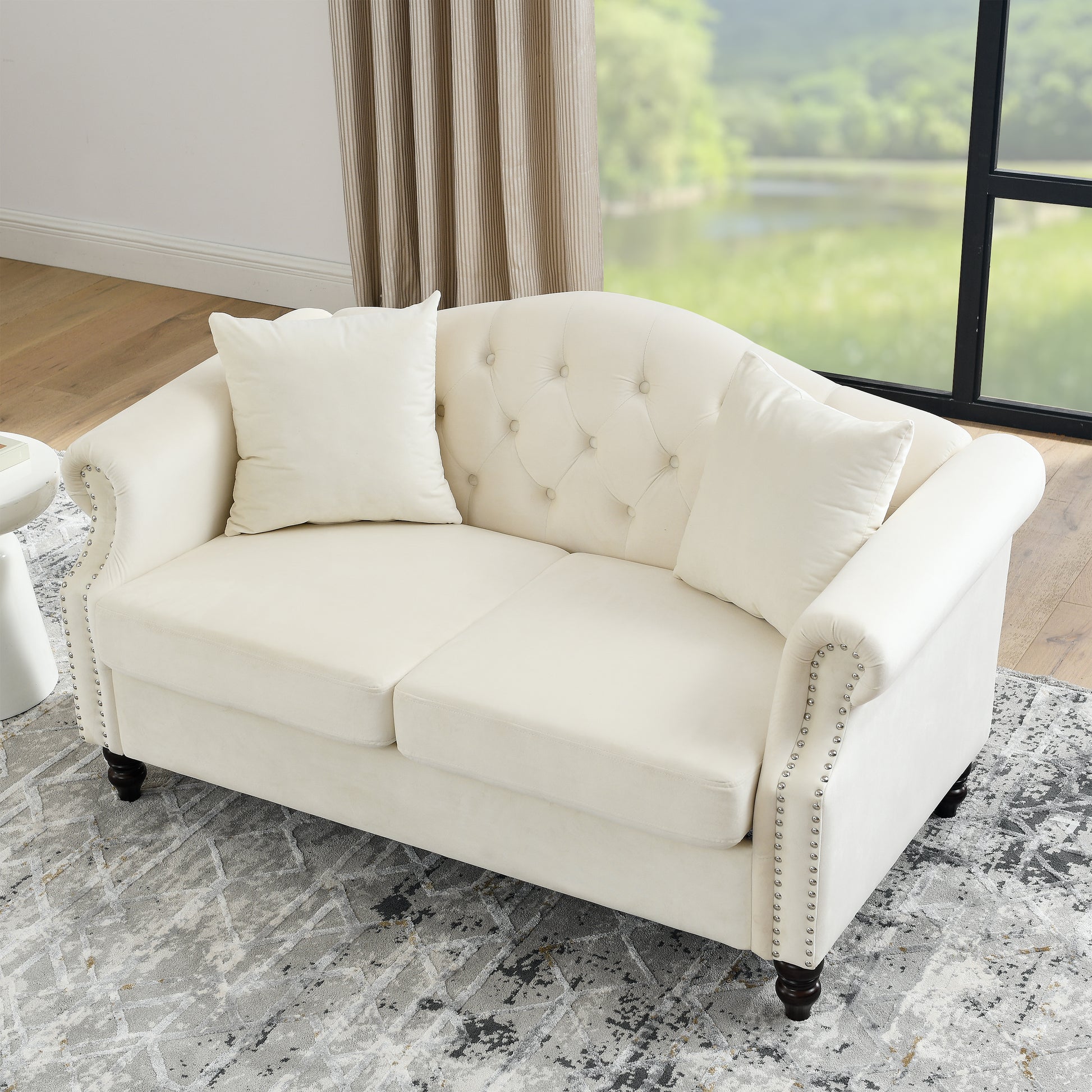 Beige Velvet 2-Seat Chesterfield Sofa - Living Room Couch