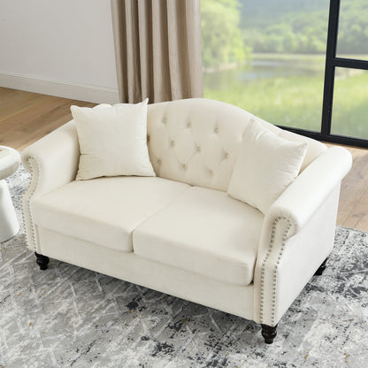 Beige Velvet 2-Seat Chesterfield Sofa - Living Room Couch