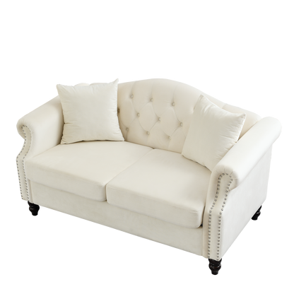 Beige Velvet 2-Seat Chesterfield Sofa - Living Room Couch