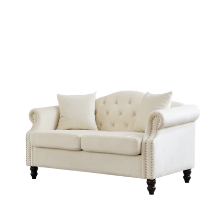 Beige Velvet 2-Seat Chesterfield Sofa - Living Room Couch