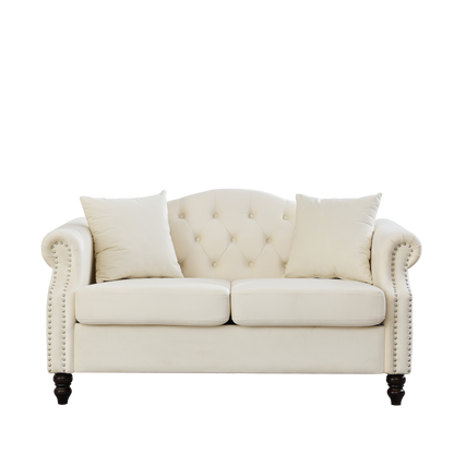 Beige Velvet 2-Seat Chesterfield Sofa - Living Room Couch