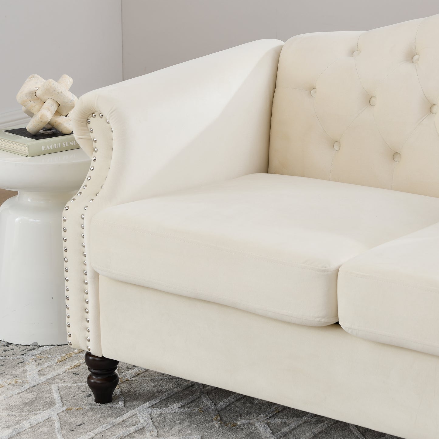 Beige Velvet 2-Seat Chesterfield Sofa - Living Room Couch
