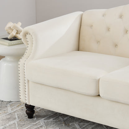 Beige Velvet 2-Seat Chesterfield Sofa - Living Room Couch