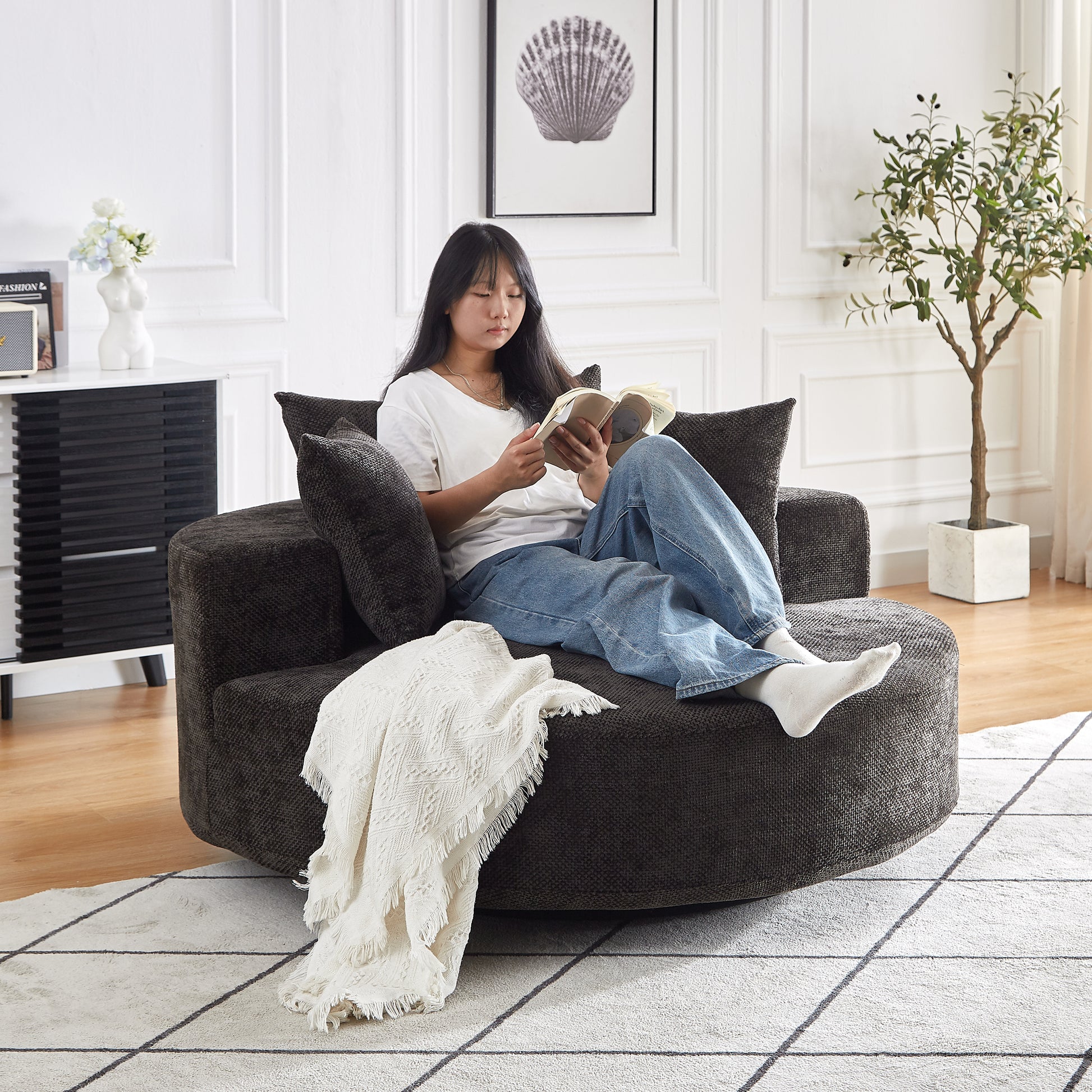 Black Chenille Foam Swivel Chair - 360 Degree Rotation